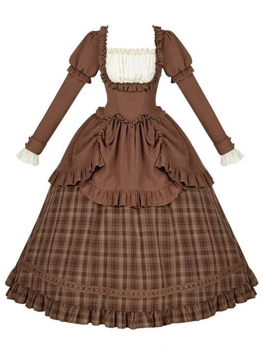 Ausschnitt Lollita Plaid Square Langes Kleid Elegante Kaffeeversion Klassisch