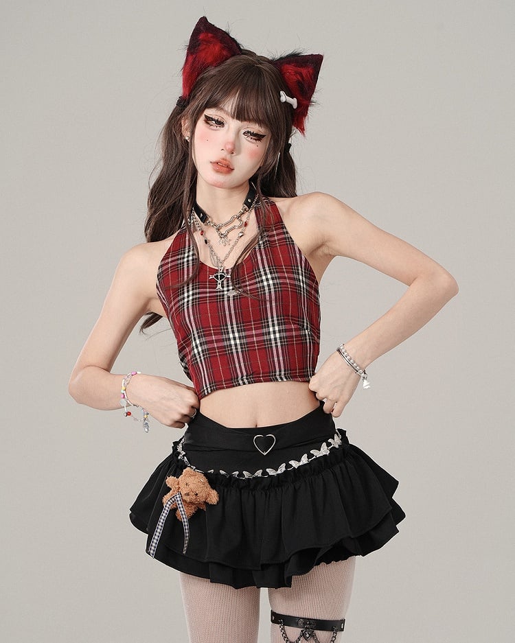 Rotes kariertes Neckholder-Crop-Tanktop - Adorable Slimming