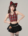Rotes kariertes Neckholder-Crop-Tanktop - Adorable Slimming