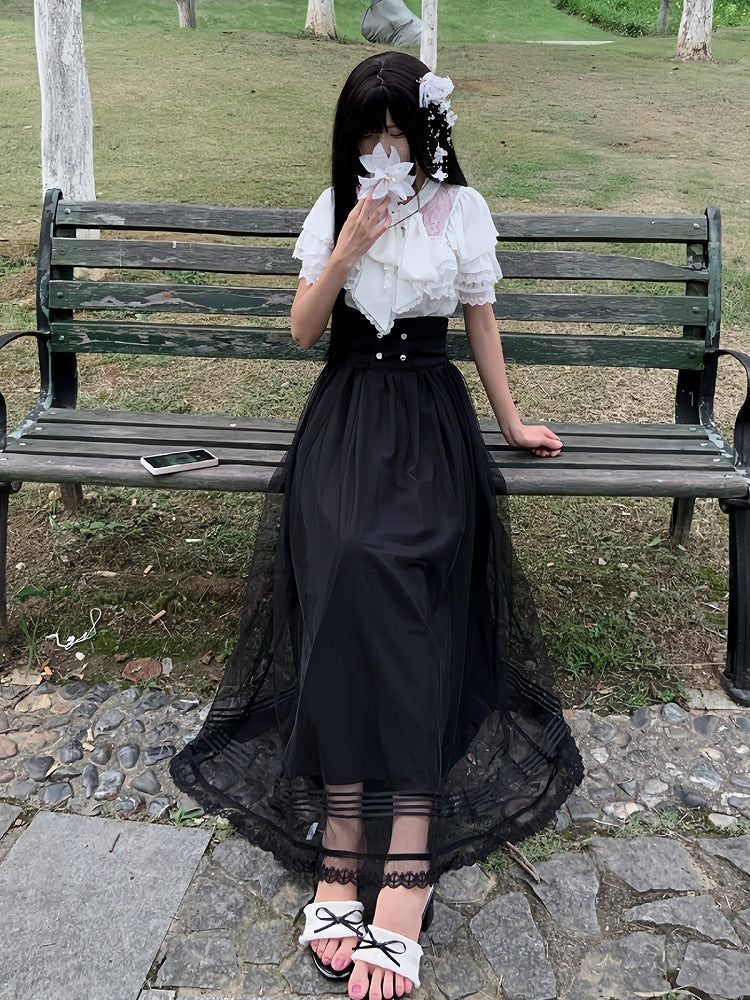 Seiso-kei White Lace Trim Short Sleeve Top with Bow Accents, Plus Size - AbyssThread