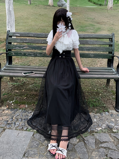 Seiso-kei White Lace Trim Short Sleeve Top with Bow Accents, Plus Size - AbyssThread