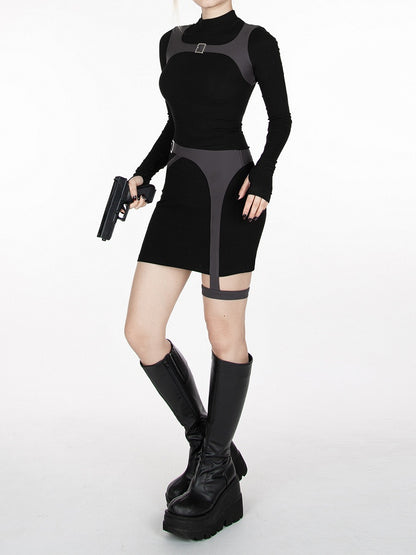 Cyberpunk Futuristisches Kleid mit Schnallenriemen in Schwarz und Grau, Taillengürtel und Harness, All-in-One mit Strumpfband