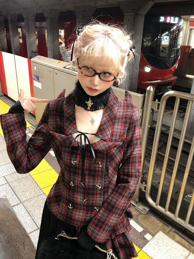 Devil with Wool Lace-up Red and Nautical Horn Coat Plaid Back Accents
