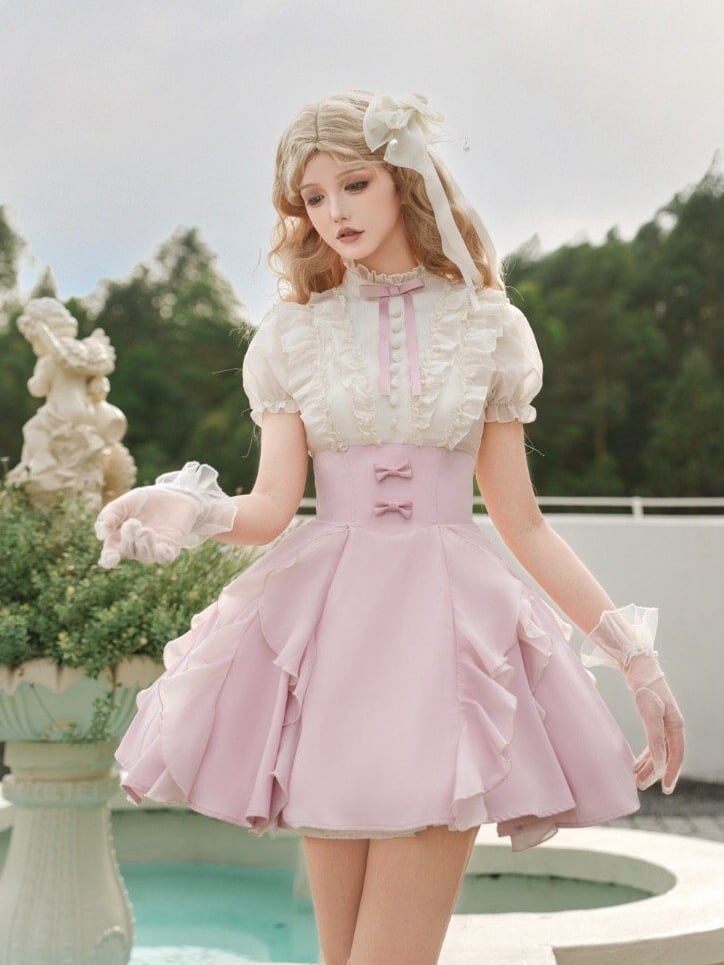 und gefälschte Bluse entbeint Stücke Design Aprikose rosa Rock Lolita Taille Kleid zwei