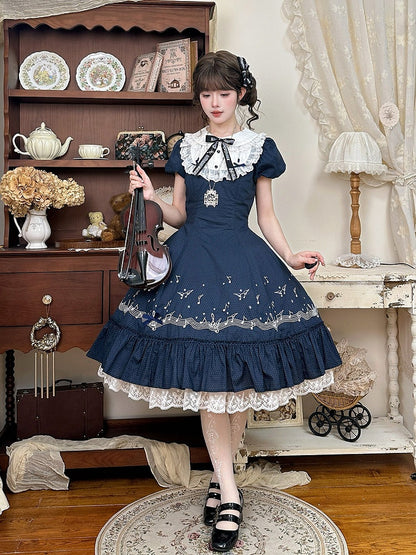 Dark Blue Polka Dot Embroidered Lolita Dress with Music Note Motif and Multi-Panel Cut - Surface Spell