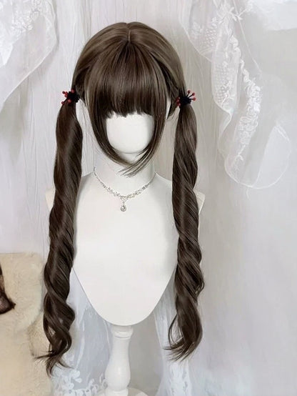 Chestnut 75cm Twin-Tail Curly Hairpiece with Full Fringe - Meow Island Wig