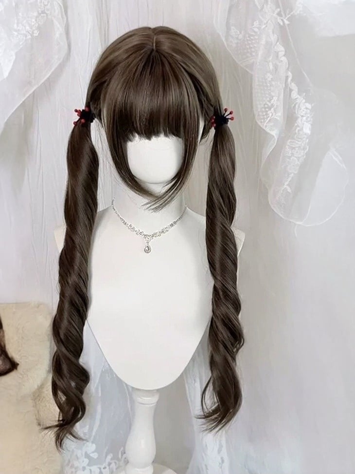 Curly Brunette 75cm Full-Bang Ponytail Wig with Double Tails - Meow Island Wig