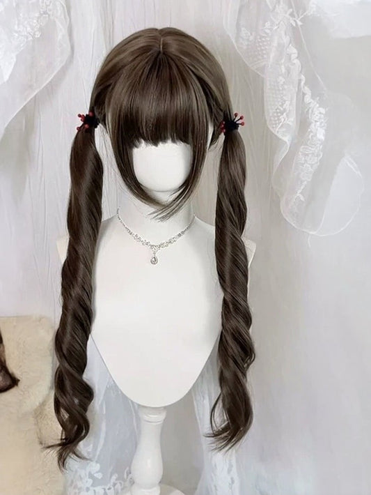 Curly Brunette 75cm Full-Bang Ponytail Wig with Double Tails - Meow Island Wig