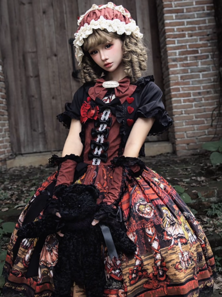 Red Shoes Story Black Red Faux Two-Piece Lolita OP Gown with Bows - Forest Fairy Tales
