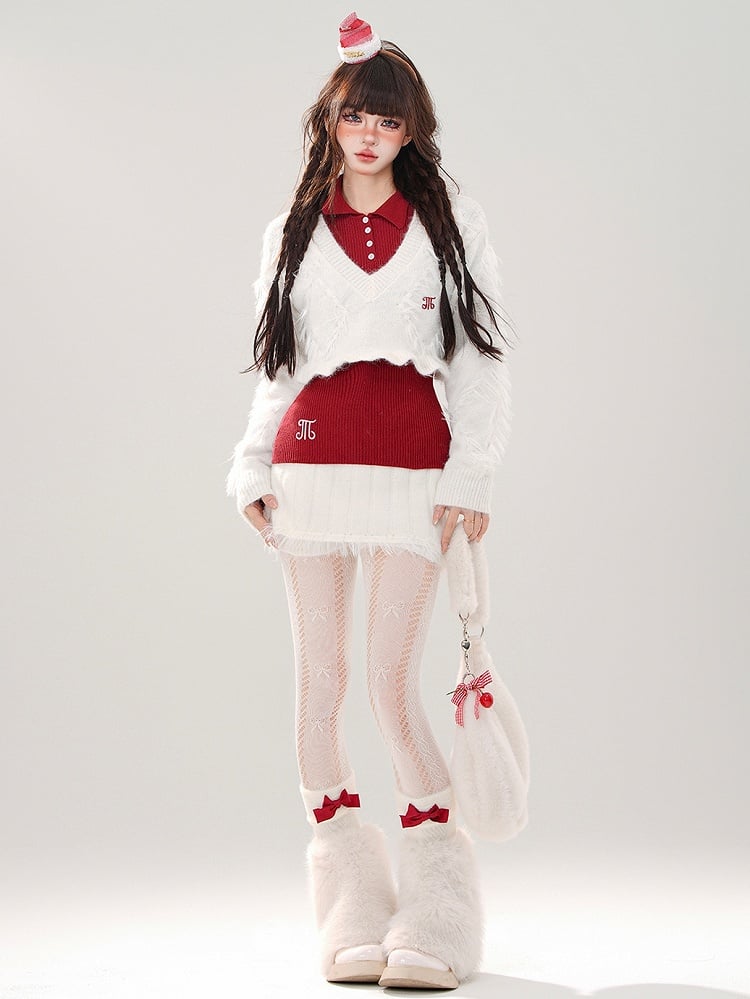ホワイトVネッククロップドセーター + レッドニットトップス + ホワイトミニスカートセット
