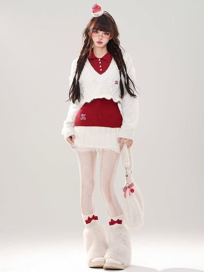 ホワイトVネッククロップドセーター + レッドニットトップス + ホワイトミニスカートセット