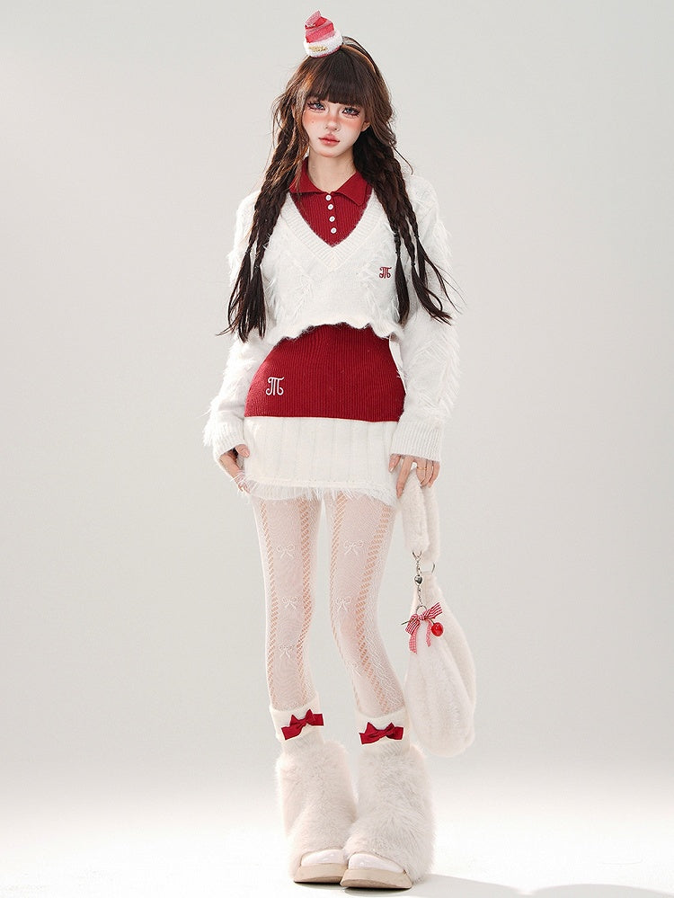 Vネックミニトップスクロップド丈+スカート+ホワイトニットホワイトセットセーターレッド