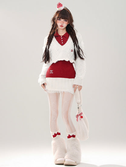 Vネックミニトップスクロップド丈+スカート+ホワイトニットホワイトセットセーターレッド