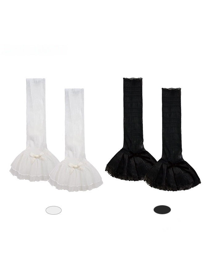 Double-Layer Mesh with Warmers Accents Ruffle Bowknot White/Black Leg
