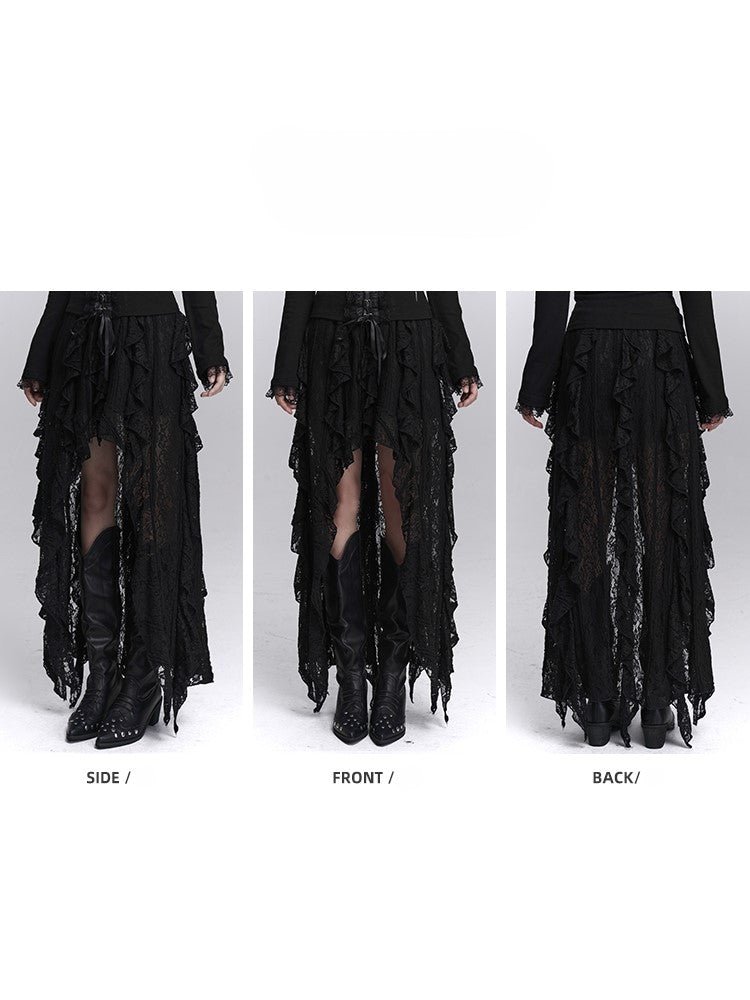 Hem High-Low Skirt Black Gothic Halloween Cascading Asymmetrical with Ruffle