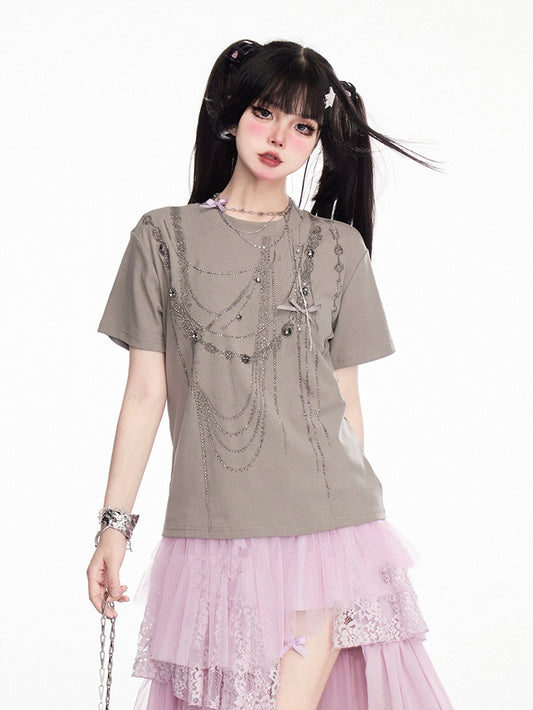 グレーのラウンドネックラインストーンチェーンヴィンテージTシャツ