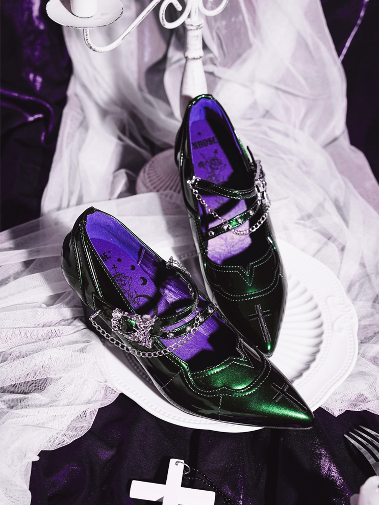 Pointed Toe Green 7cm Mary Heel Chunky Gothic in Cross Jane Subculture Embroidery Shoes with