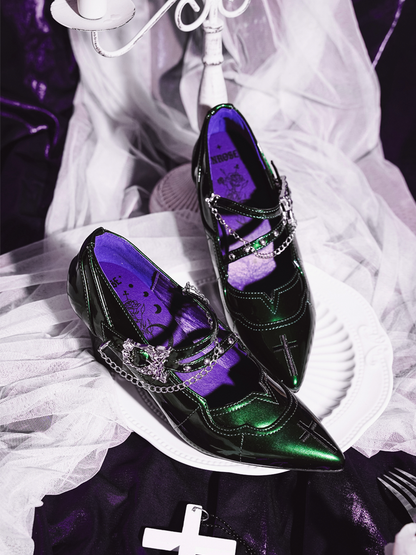 Pointed Toe Green 7cm Mary Heel Chunky Gothic in Cross Jane Subculture Embroidery Shoes with