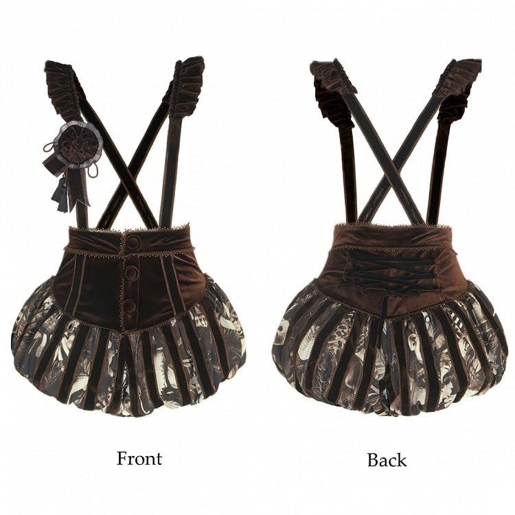 Shoulder Ruffled Gothic Straps with Brown Lolita Printed Bloomers