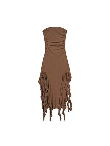 Knit Dress/Skirt Slit 2-in-1 Cascading Brown Side Convertible Ruffle Strapless with Hem