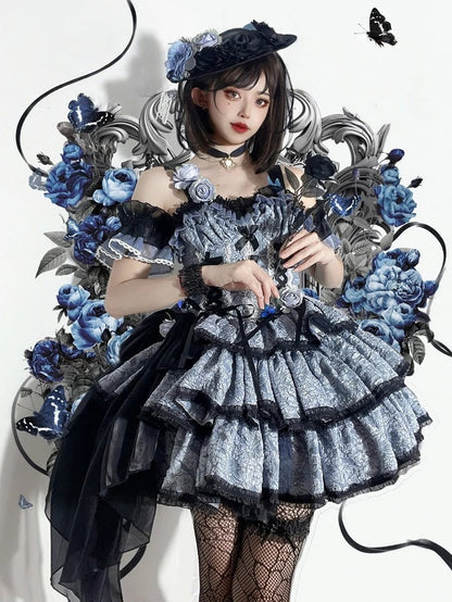 Dress Lolita Multi-Layered Texture with Dark Blue Skirt and JSK Floral Black
