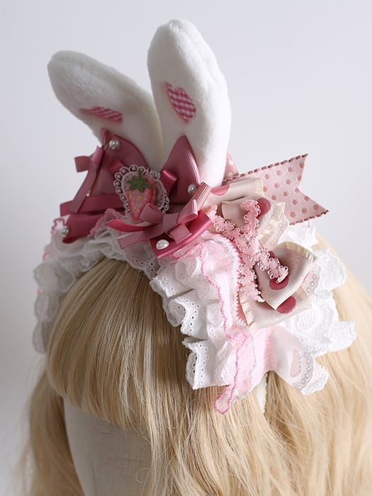Bunny White Ears and Strawberry Lace KC With Lolita Dreamy Heart Bow Cute Pink