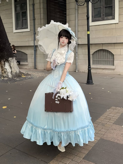Light Blue Satin Basque Waist Under Bust Elegant Lolita JSK - Alice in Wonderland Lolita