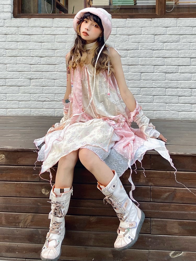 Beige Dress Hem Cami with Handkerchief Strap Trim Spaghetti Ruffle