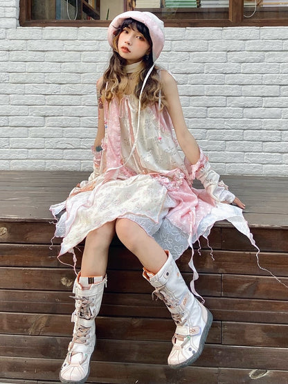 Beige Dress Hem Cami with Handkerchief Strap Trim Spaghetti Ruffle