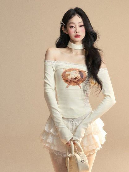 Lamm Print Taille Glamouröse Top Patches Apricot Off-the-Shoulder Spitzenausschnitt