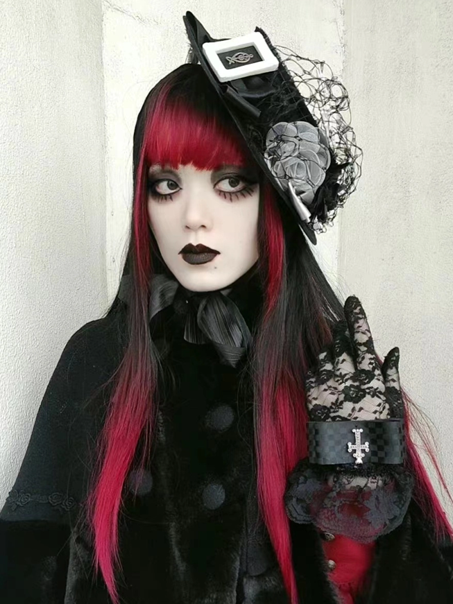 Red 68CM Ombre with Full Bangs Black Wig Straight