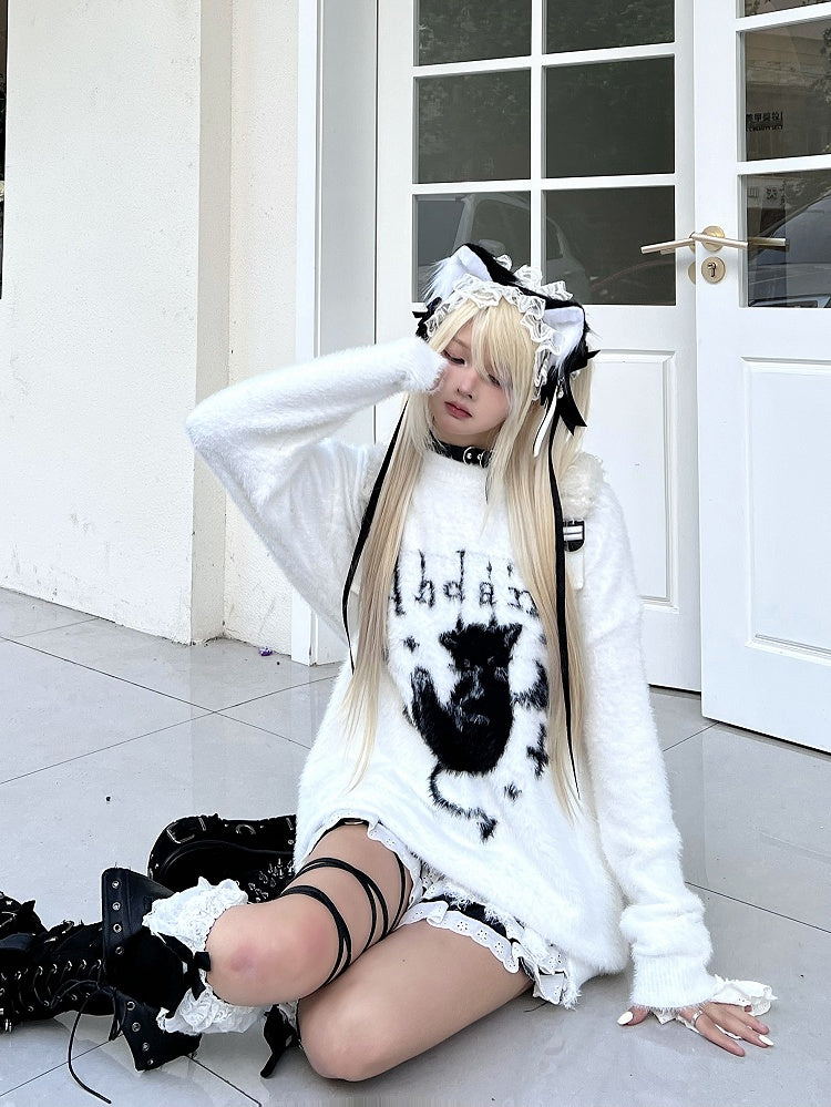 Sweater Black/White with Distress Kitten Plush Design Trim Devil and