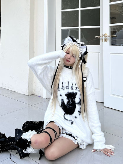Sweater Black/White with Distress Kitten Plush Design Trim Devil and