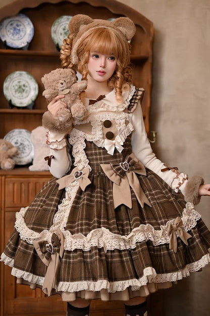 Winter Lace and with Lolita Trims Accents Brown Bow Dress Plaid
