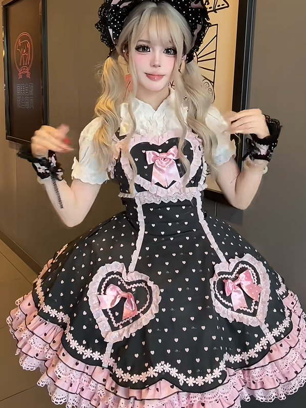 Heart Black with Bows and Lolita Dress Motifs Pink Lace-Trimmed Sweet