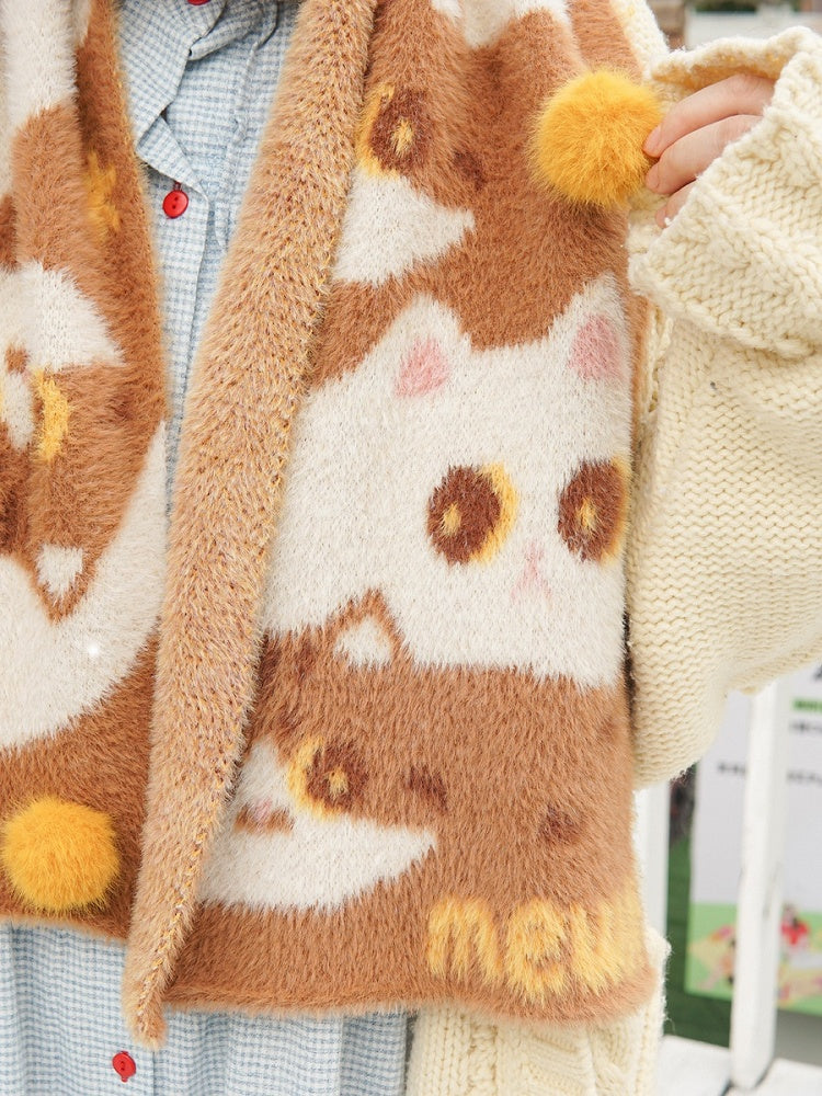 Cute Kitty Pattern Brown Knit Scarf