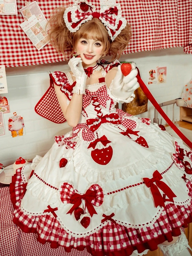 with Flutter White Sweet Gingham Details Dress Lolita Bow Sleeves Red