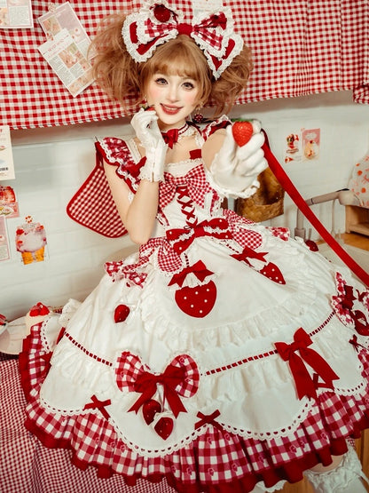with Flutter White Sweet Gingham Details Dress Lolita Bow Sleeves Red
