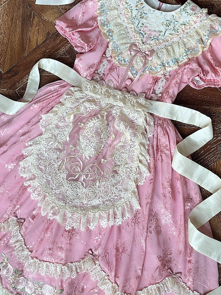 Beige Lace Trim Floral Embroidery Sheer Apron