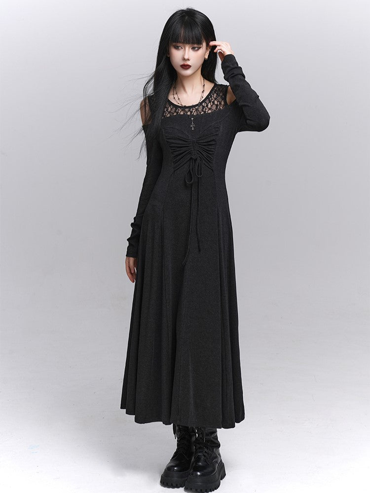 Detail Tie-Bow Gray with Dress Faux Two-Piece Dark Gothic