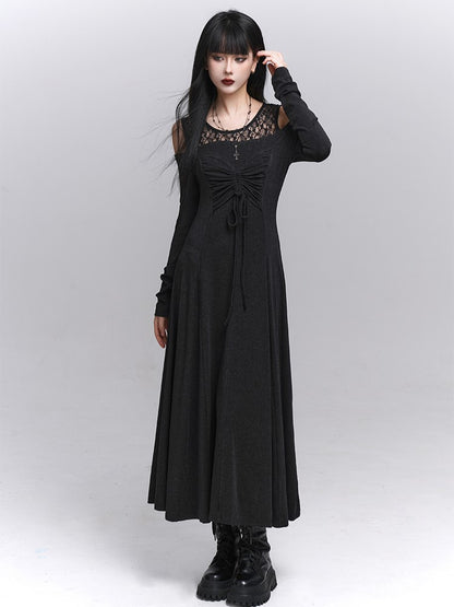 Detail Tie-Bow Gray with Dress Faux Two-Piece Dark Gothic