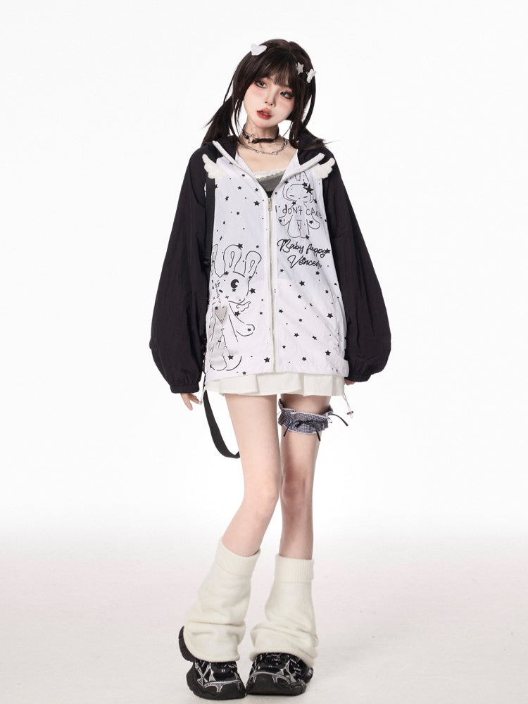 Design Kapuze Ohren Kitty Colorblock Zip-up Jacke Cartoon Print Schwarz/Grün