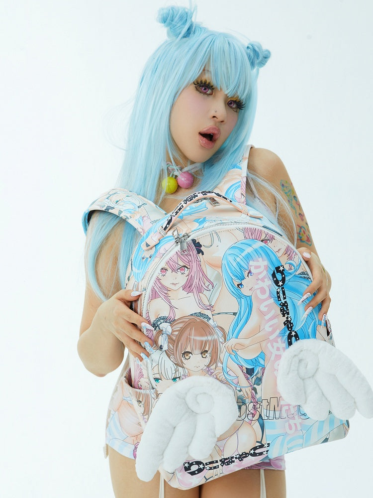 天使の羽とバックパック、カラフルな漫画プリントPU