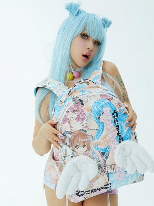 天使の羽とバックパック、カラフルな漫画プリントPU