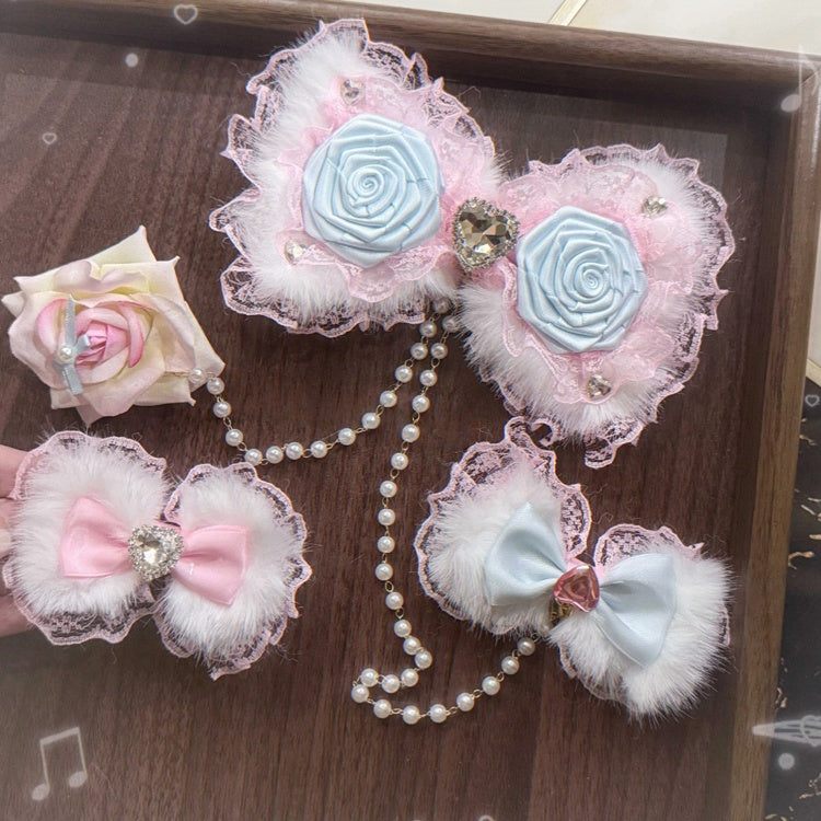and Pink Style Accessory Lolita Blue Set Designs with Rose Plush Bows Hair