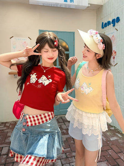 セルフタイイエローパピー刺繍レタス裾タンクトップストラップショルダー付き