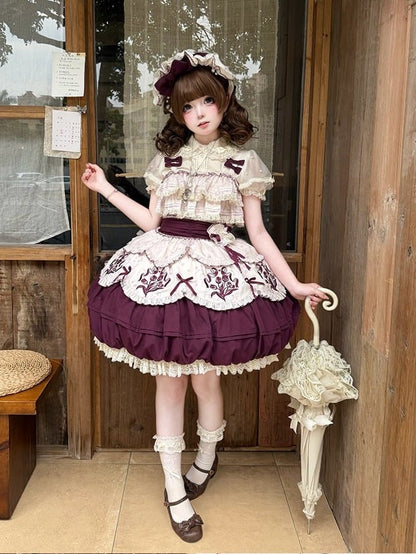 Classic Tulip Floral Embroidered Jacquard Lolita JSK Short Bubble Skirt Dress - Whispering Roses
