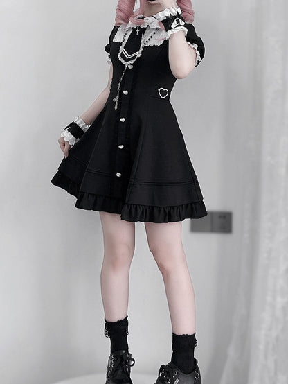 Tie Jirai Kei Set- Wrist + Black Available Lace Trim Dress + Cuffs Size Plus Shorts