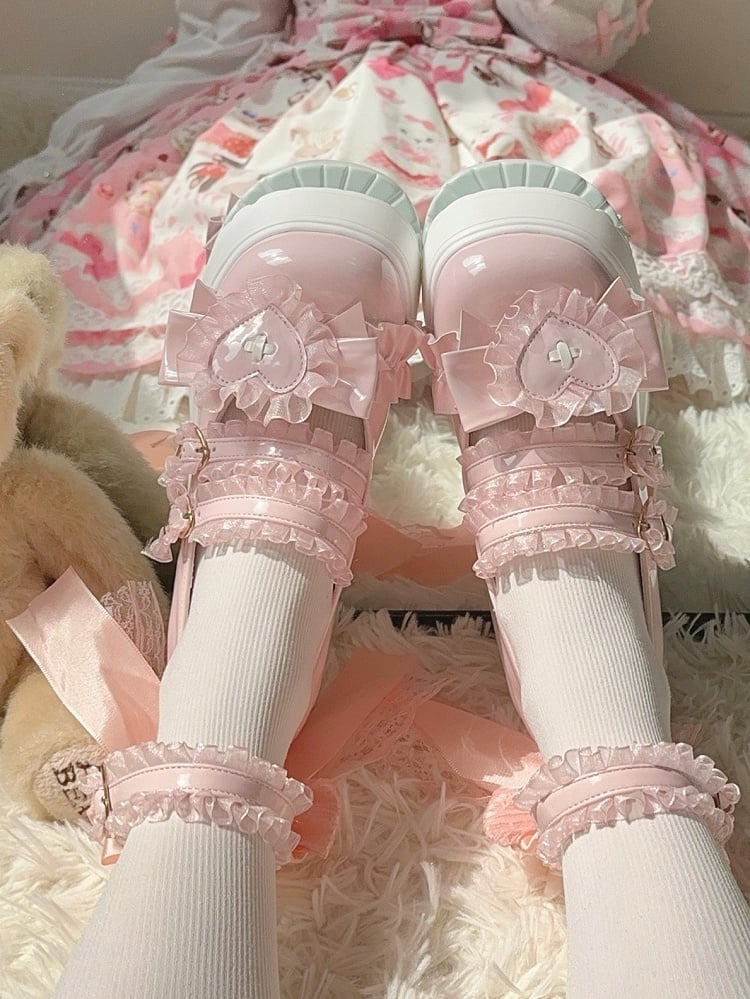 Straps High Kei Ruffled Applique Top Shoes in with Jirai Lace Block Heart Bow Pink Detailed Heel - Platform