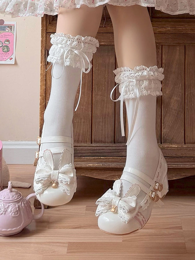 PU Bow White Heeled Lolita Bunny 4.2cm Shoes Sweet Decor in Strawberry - Buckle